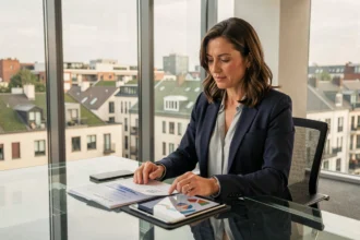 Investisseuse analysant les performances d'une SCPI européenne responsable sur tablette dans un bureau moderne