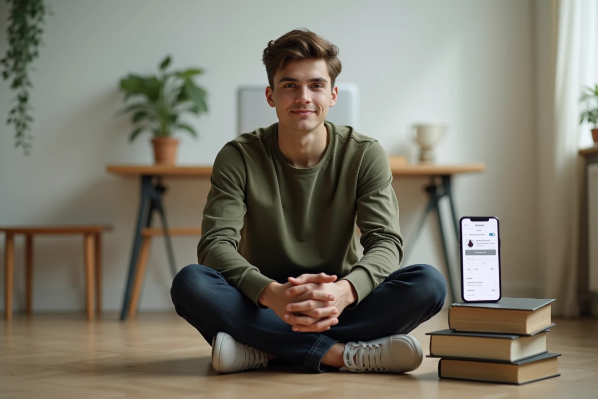 Jeune adulte naviguant sur l'espace client Domiwebcmb depuis son smartphone à domicile
