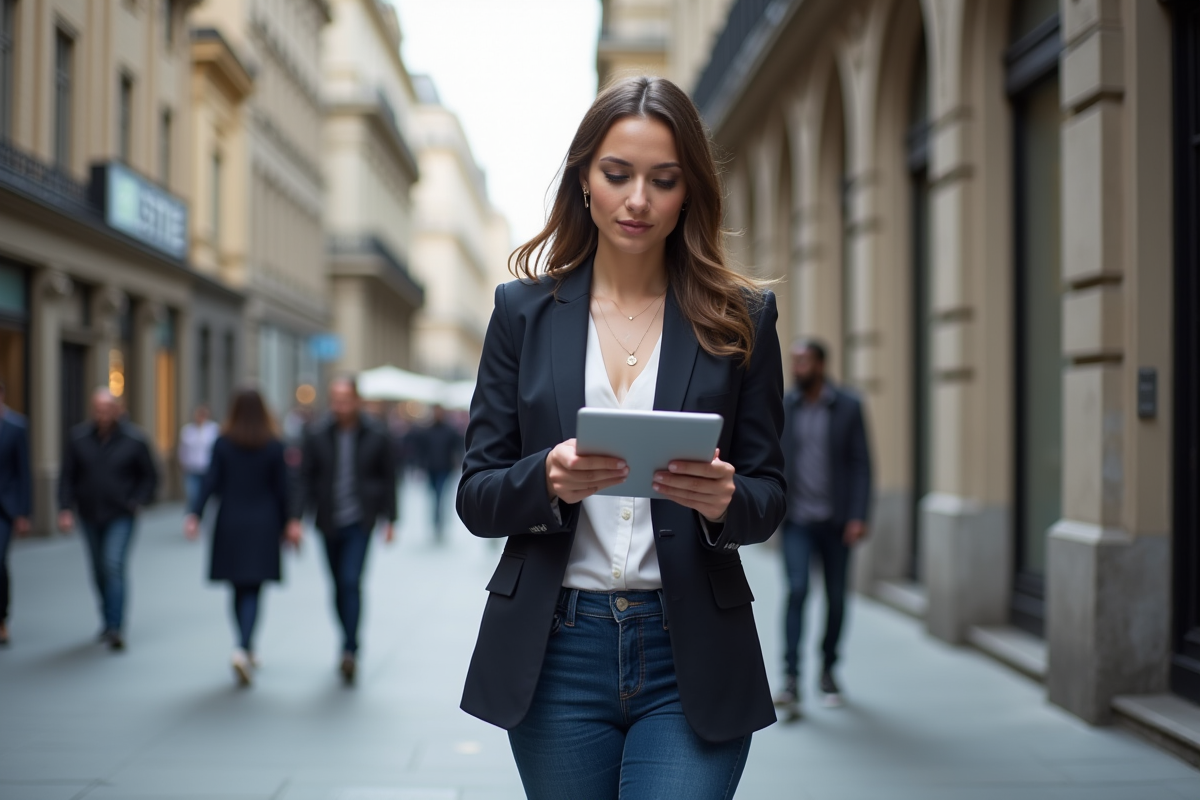 Jeune analyste marketing regardant des graphiques en ville