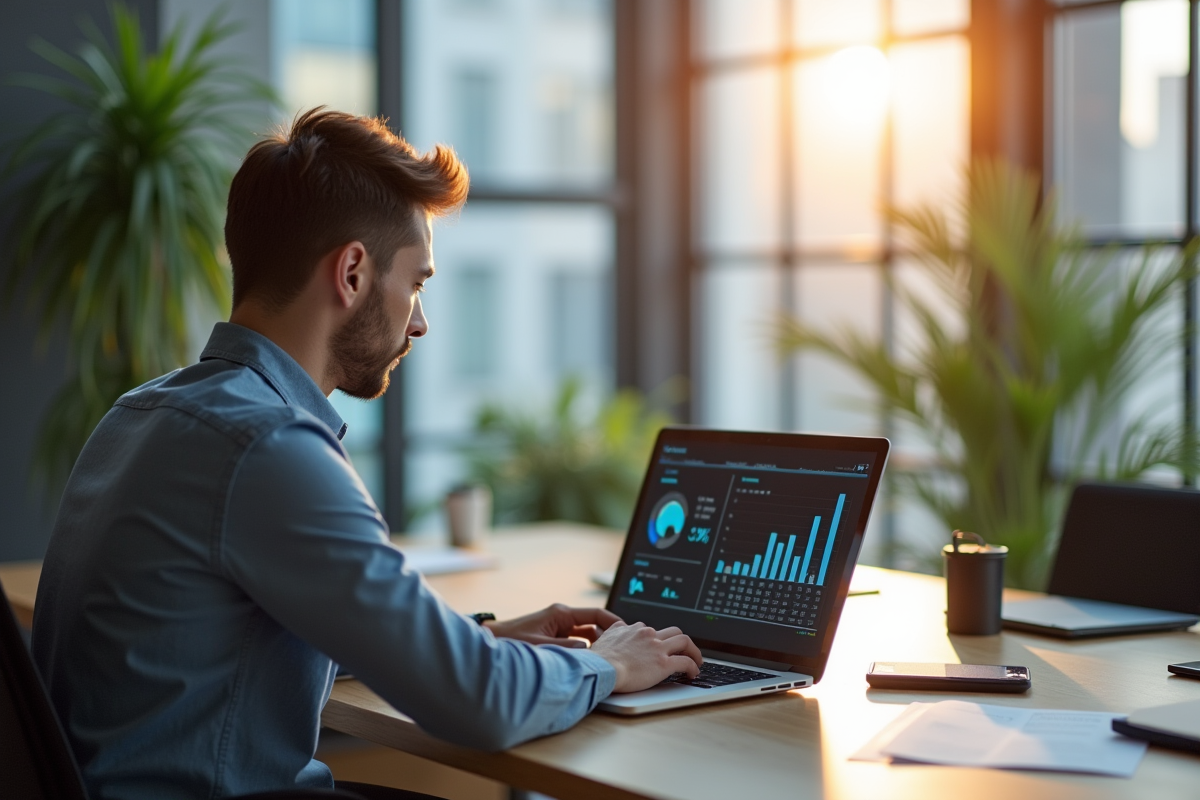 Jeune entrepreneur utilisant un ordinateur pour la banque en ligne