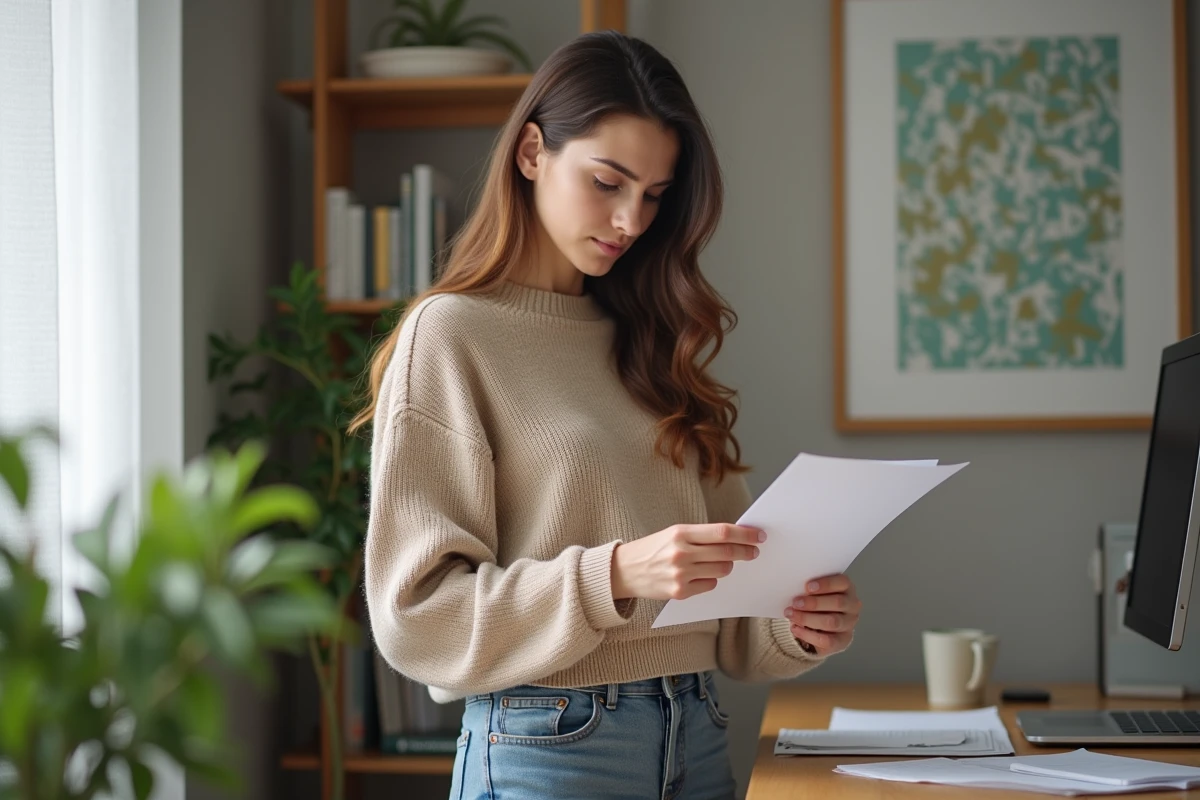 Jeune femme examinant une lettre fiscale dans un coin cosy