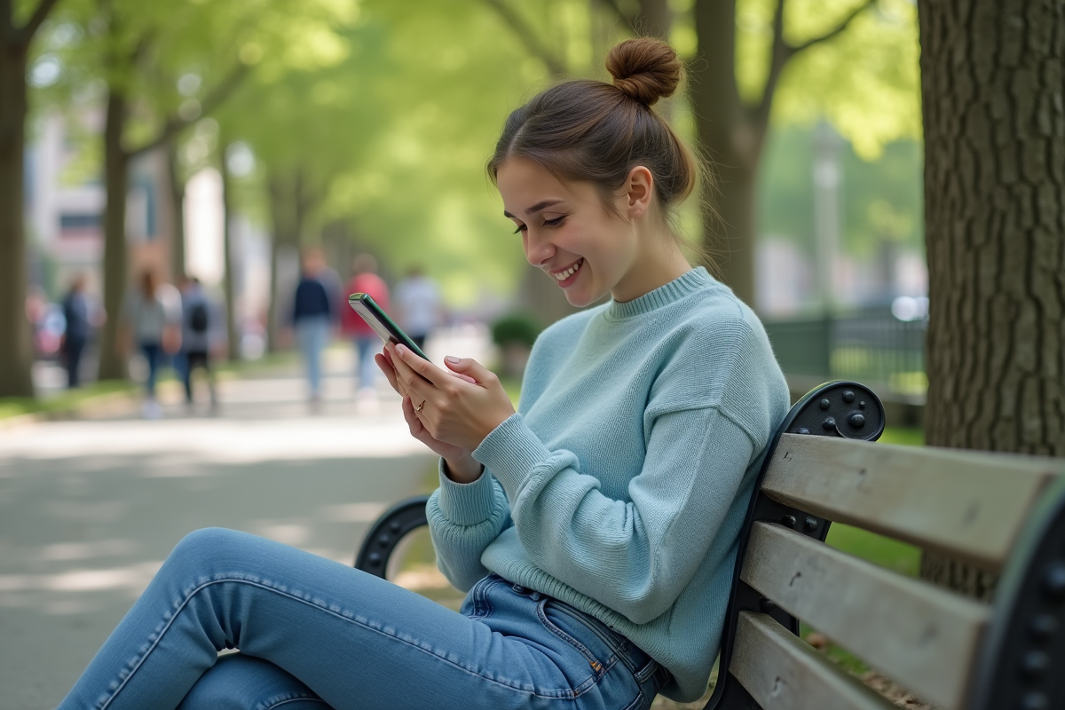 Jeune femme souriante utilisant son smartphone en plein air