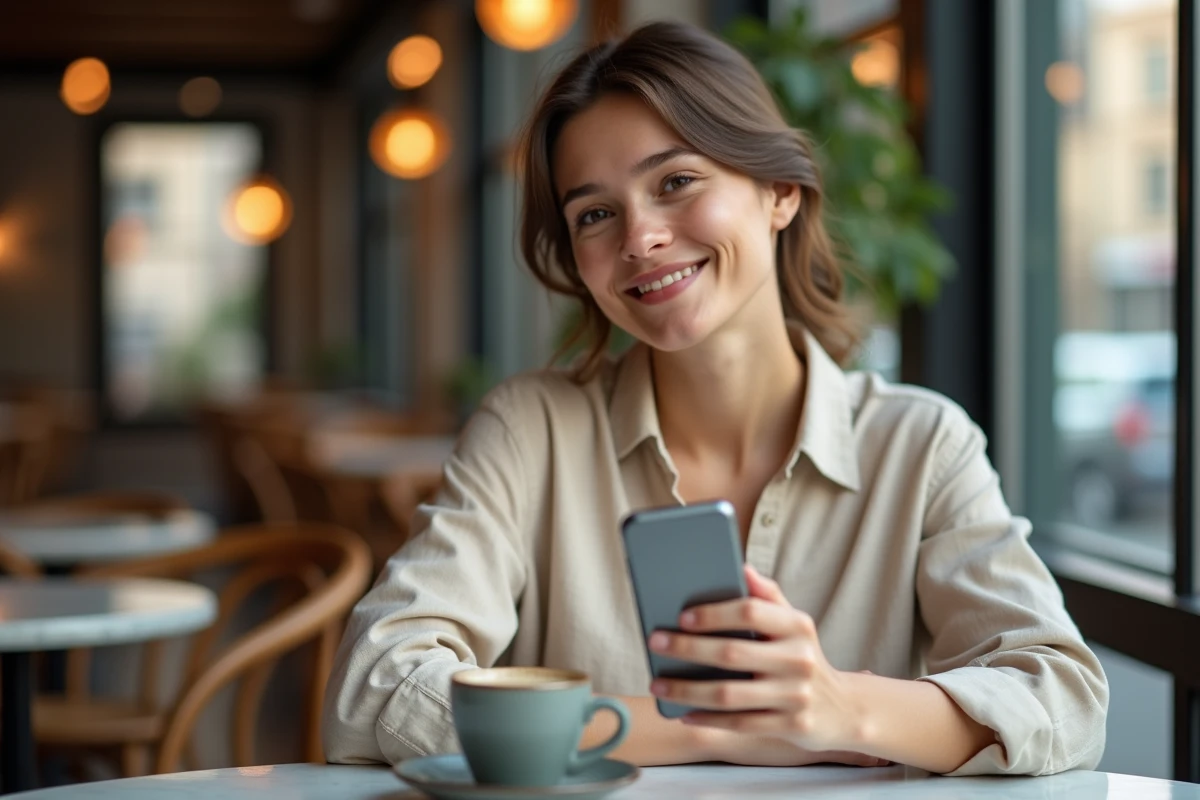 Jeune femme confirmant un virement bancaire sur application mobile Cyberplus dans un café urbain