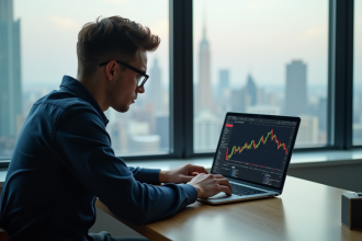 Jeune homme étudiant des graphiques bitcoin sur son ordinateur