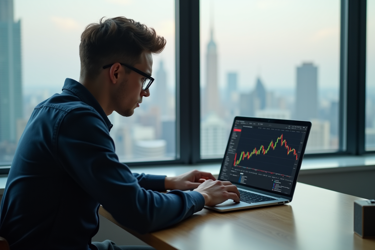 Jeune homme étudiant des graphiques bitcoin sur son ordinateur