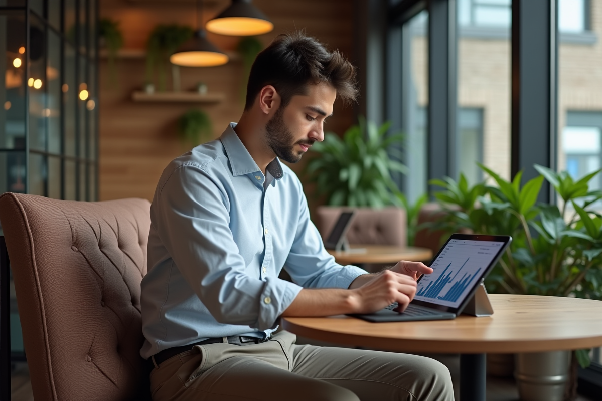 Jeune homme analysant des données financières au café