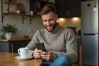 Jeune homme concentré utilisant son smartphone pour gérer ses finances