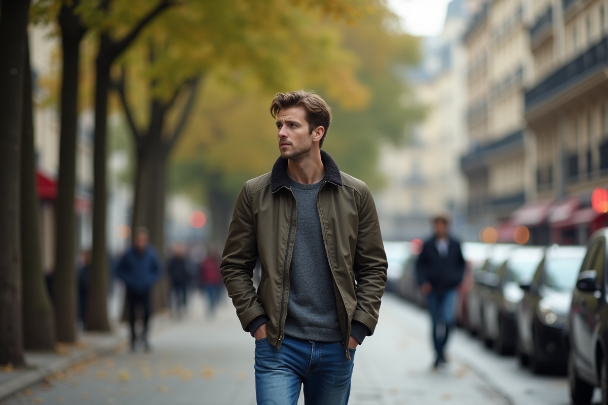 Jeune homme marche dans une rue parisienne en journée