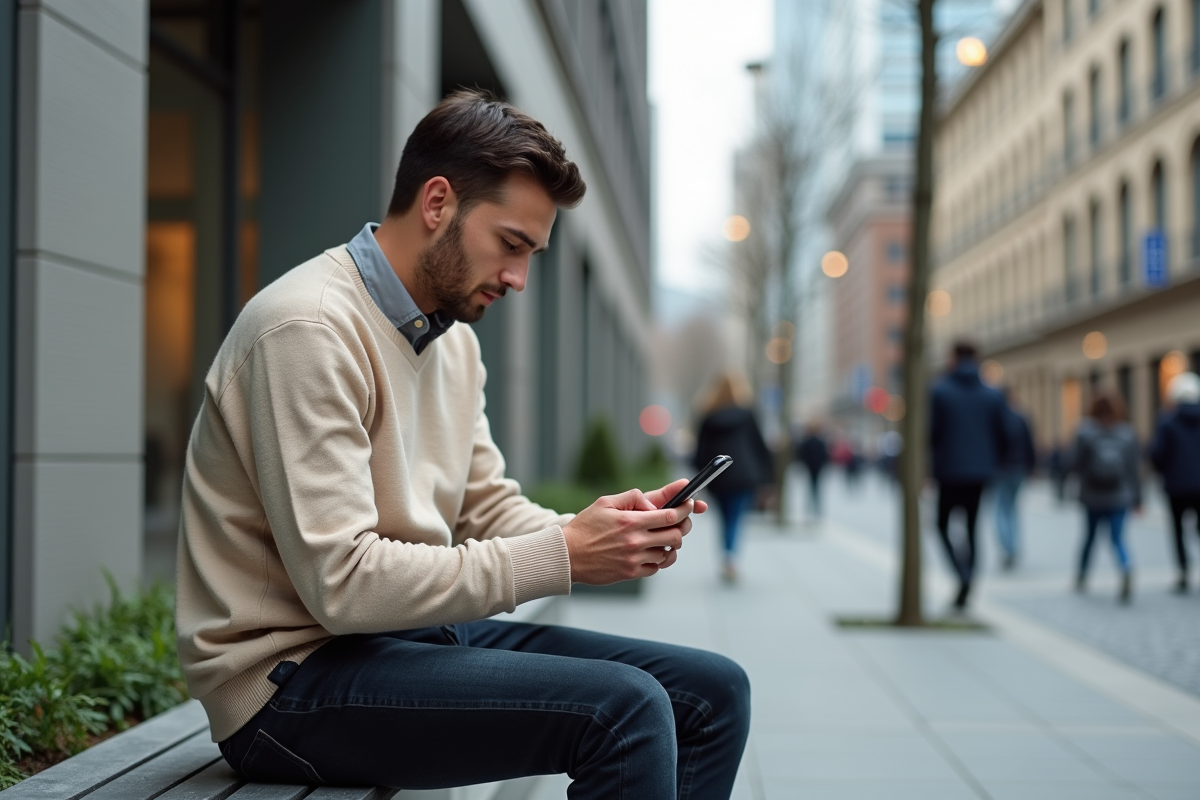 Jeune homme utilisant une application bancaire sur smartphone en ville