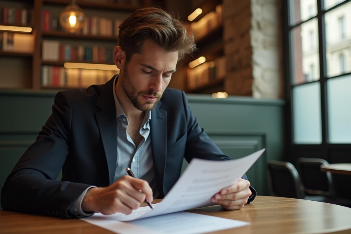 Jeune journaliste lisant un contrat dans un café parisien