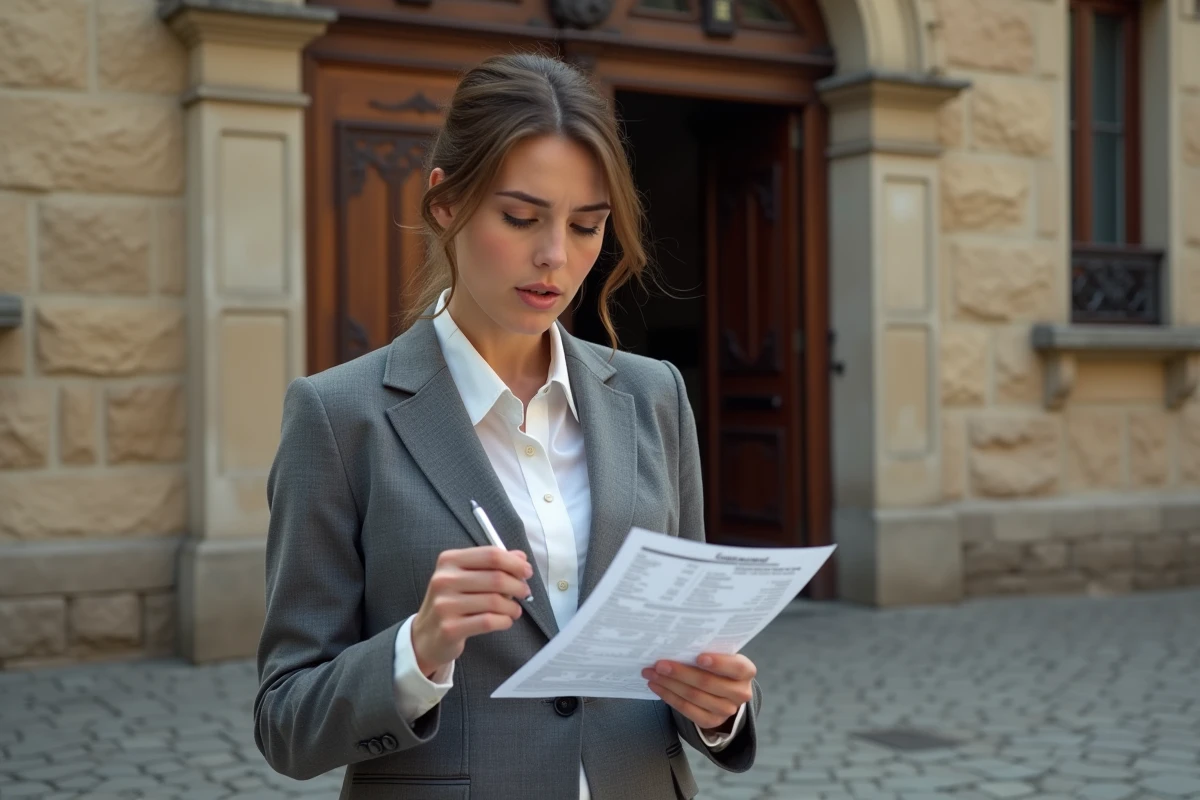 Jeune maire examine une fiche de paie devant un hôtel de ville