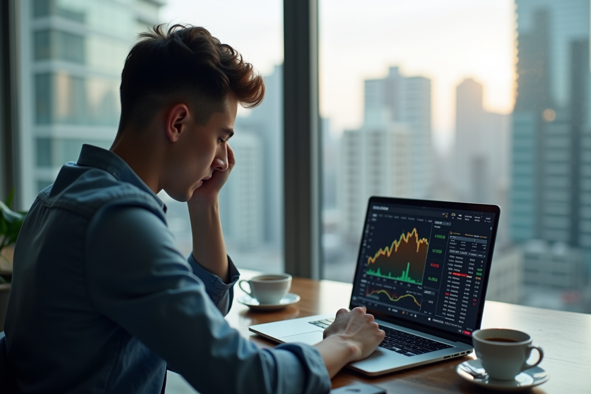 Jeune professionnel regardant des graphiques de cryptomonnaies