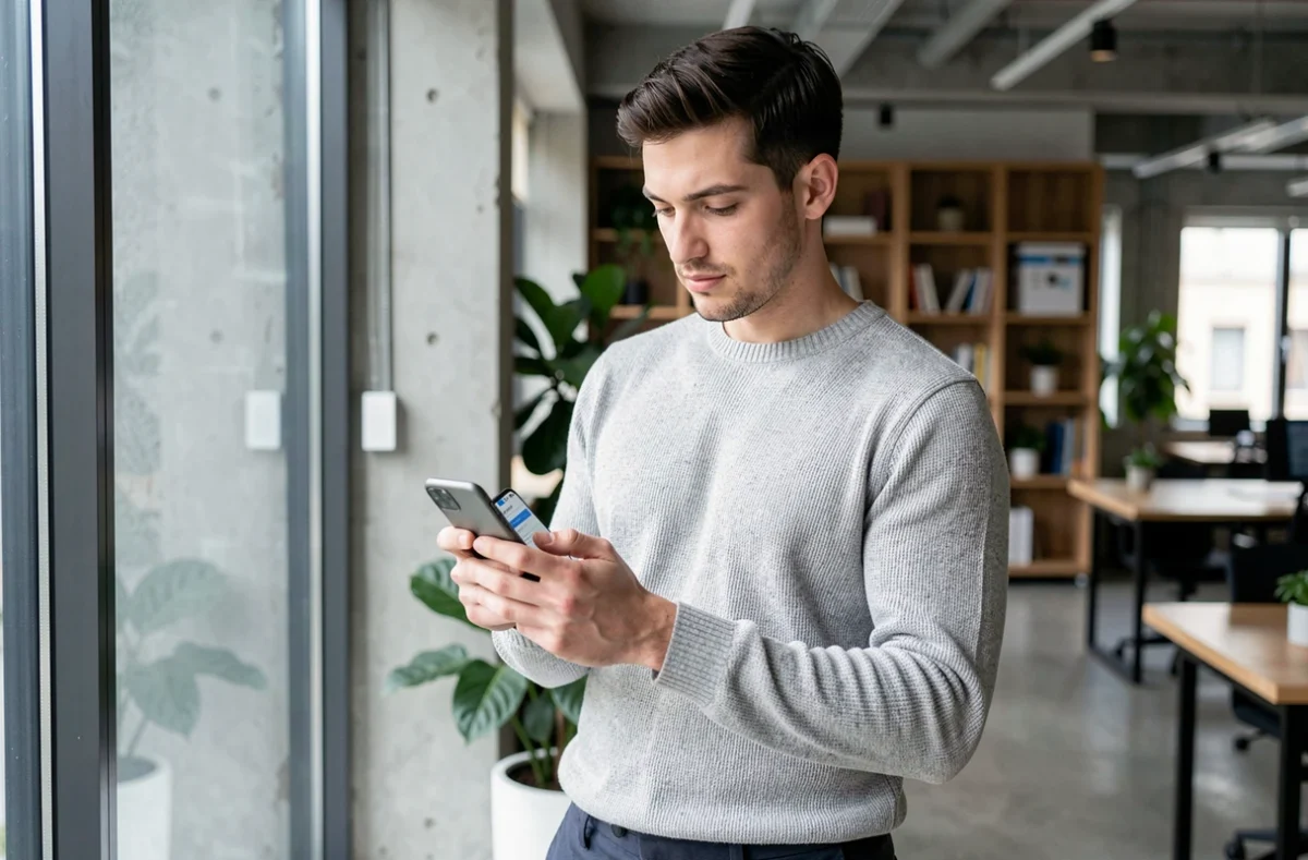 Un jeune professionnel consulte les offres de la mutuelle BPCE sur son smartphone dans un espace de coworking