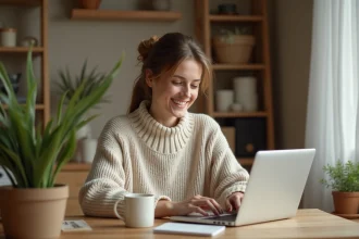Femme souriante lançant une cagnotte en ligne depuis son domicile sur un ordinateur portable