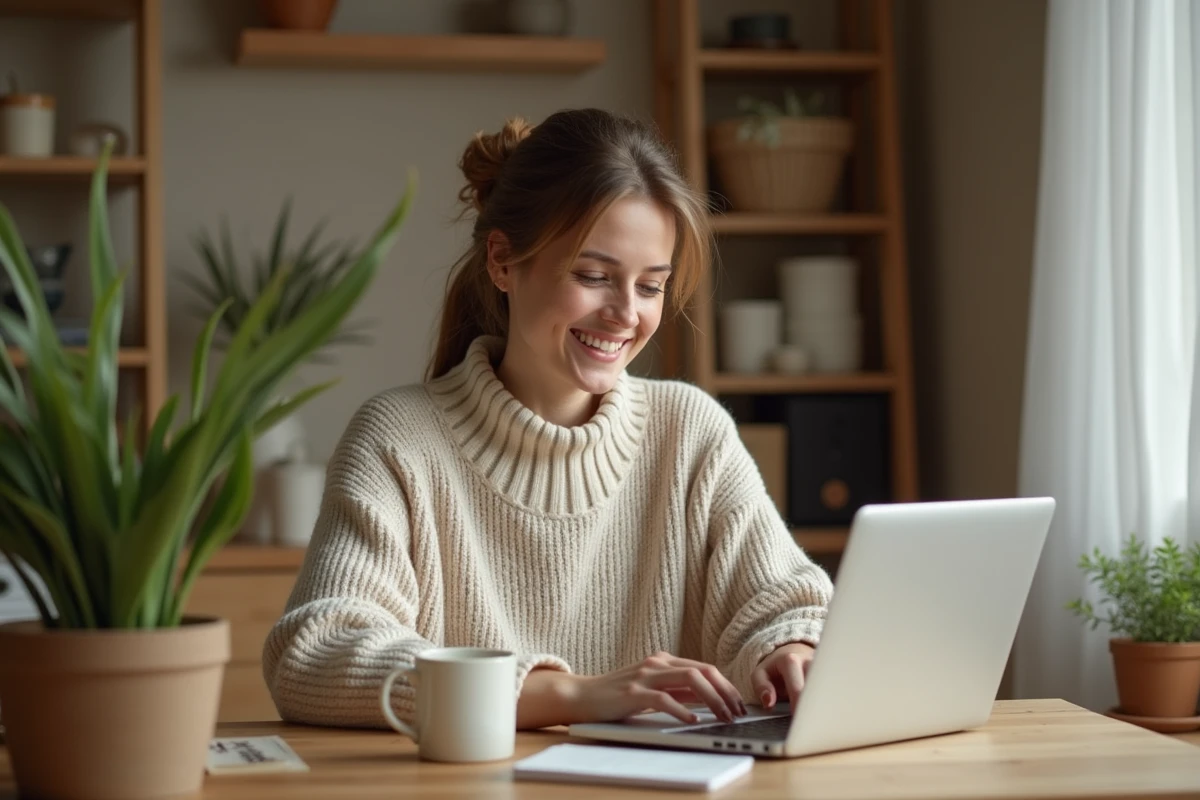 Femme souriante lançant une cagnotte en ligne depuis son domicile sur un ordinateur portable
