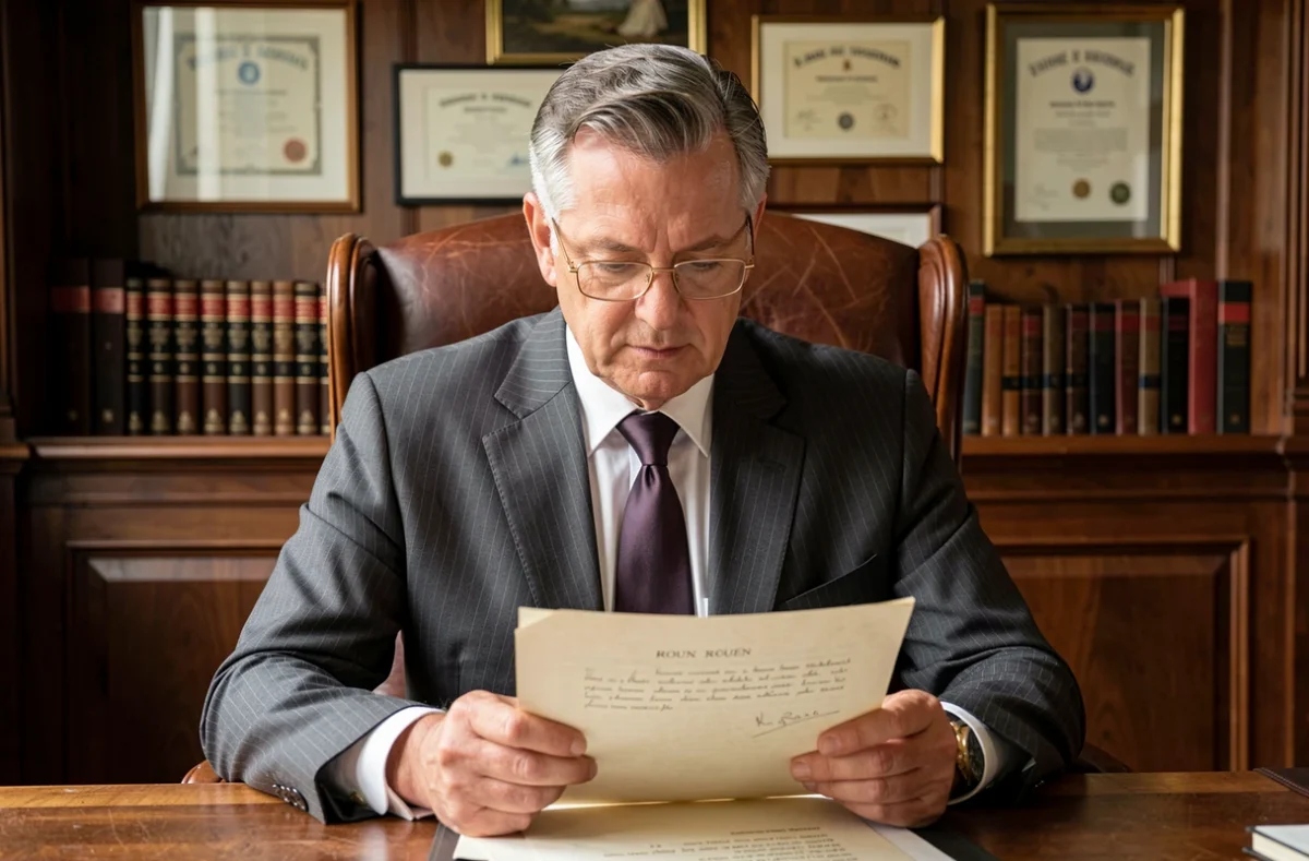Conseiller du Conservateur dans un bureau patrimonial à Rouen avec décor en bois sombre et documents de gestion successorale