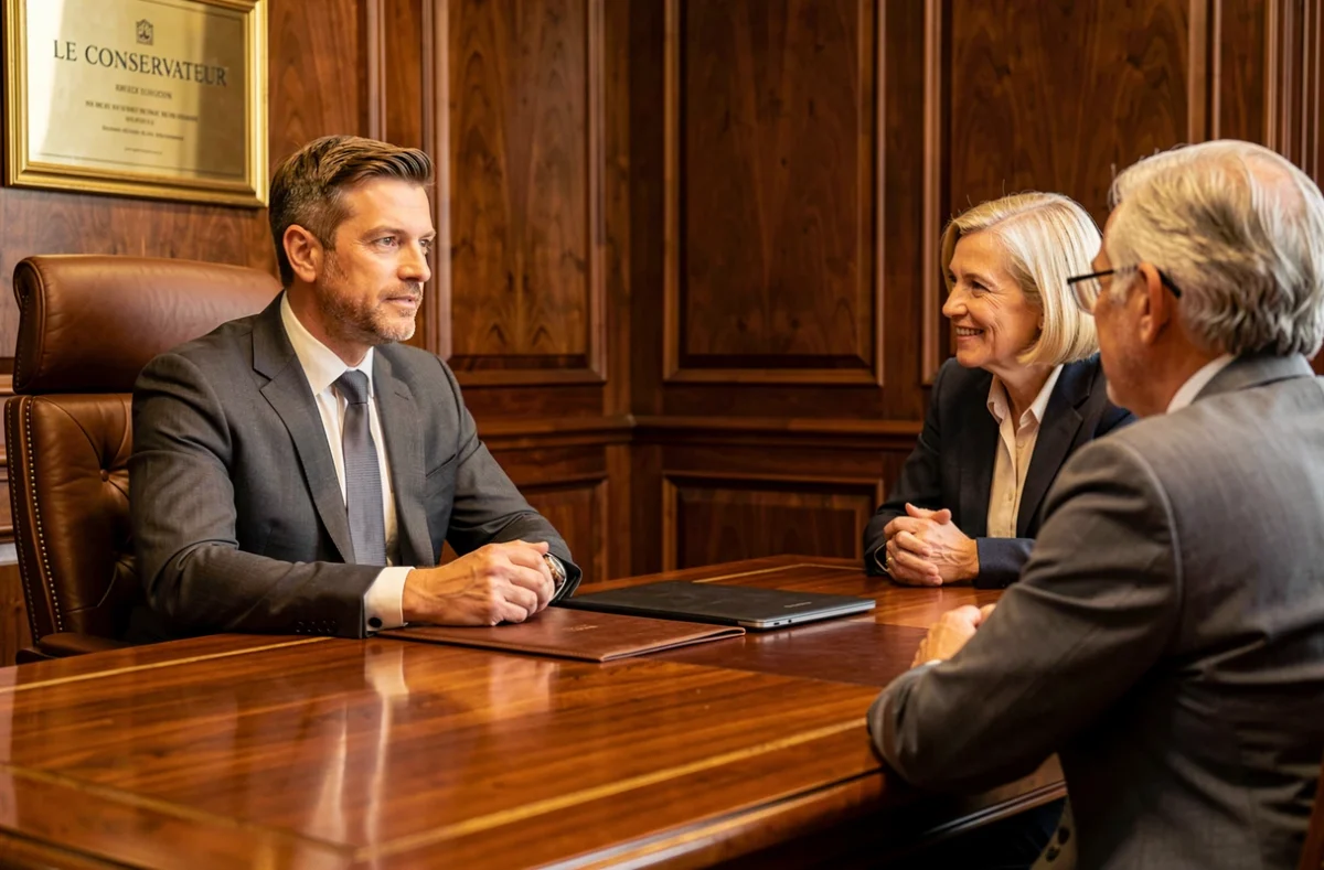 Yohan Coignion, conseiller Le Conservateur, en entretien patrimonial avec un couple dans un bureau traditionnel