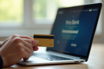 Main tenant une carte bancaire bloquee avec un ordinateur portable