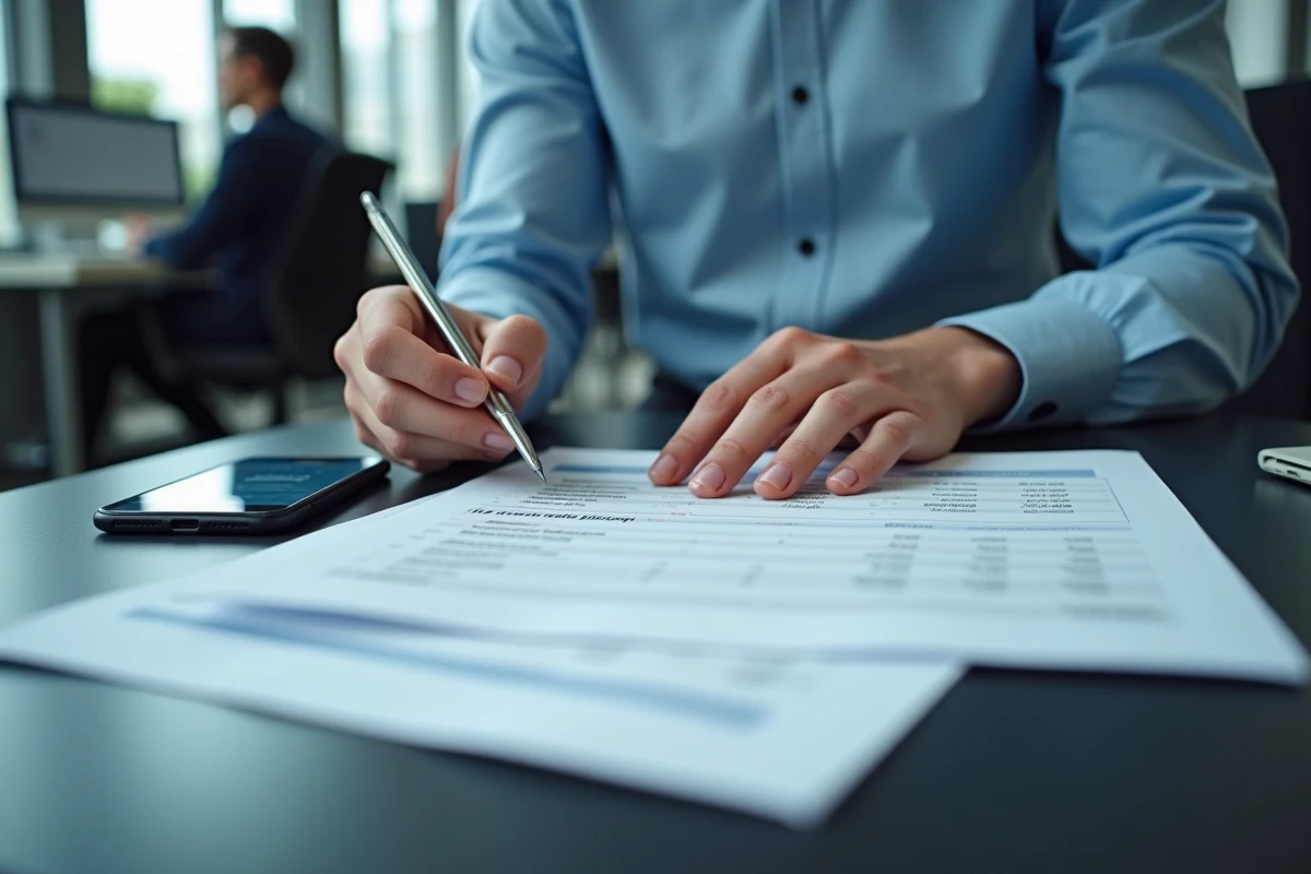 Mains annotant un bulletin de salaire avec un smartphone affichant un compte bancaire pour illustrer le salaire net reçu