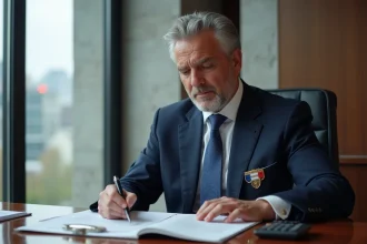 Maire moyen âge en costume sombre étudie un dossier finances