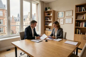 Conseiller en gestion de patrimoine recevant un client dans un bureau moderne des Hauts-de-France