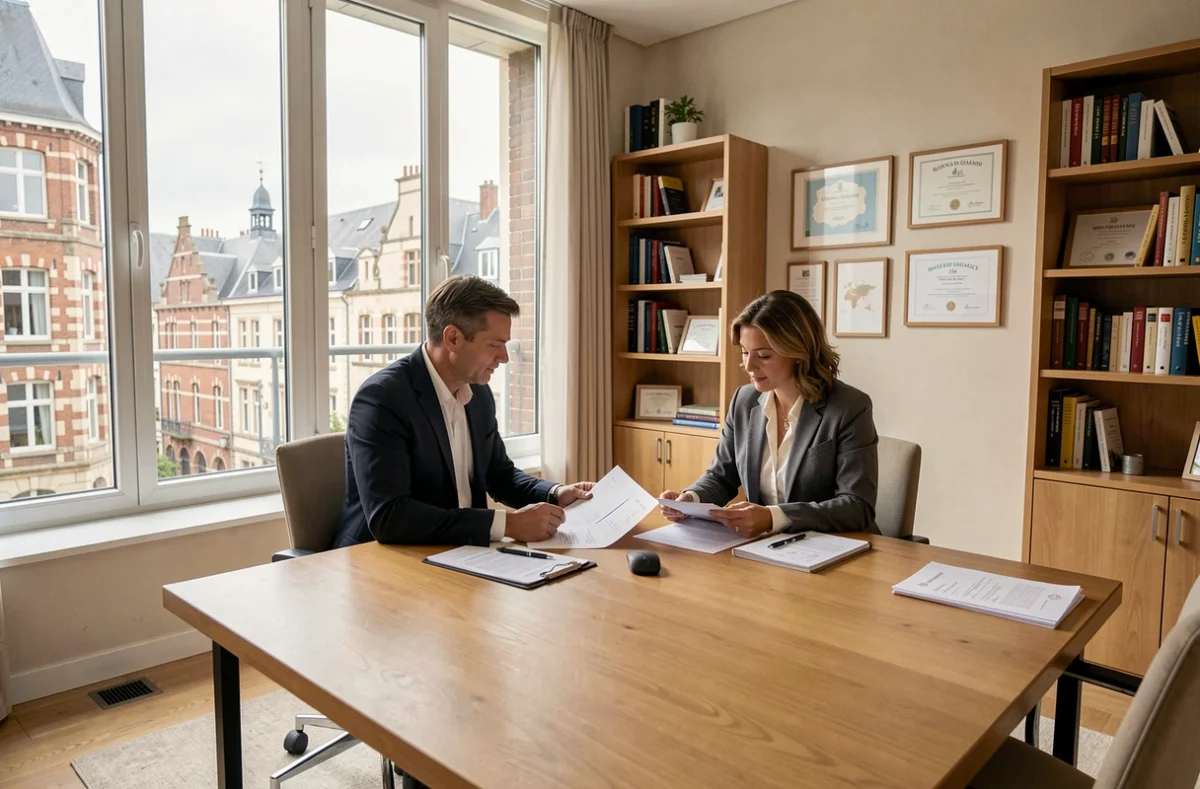 Conseiller en gestion de patrimoine recevant un client dans un bureau moderne des Hauts-de-France