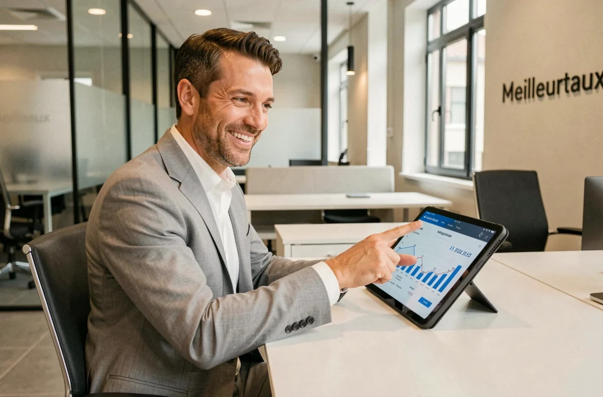 Conseiller Meilleurtaux présentant des taux de crédit immobilier dans son agence de Valence