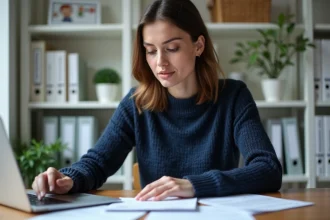 Micro-entrepreneuse consultant des documents fiscaux liés au régime de franchise en base de TVA à son bureau à domicile