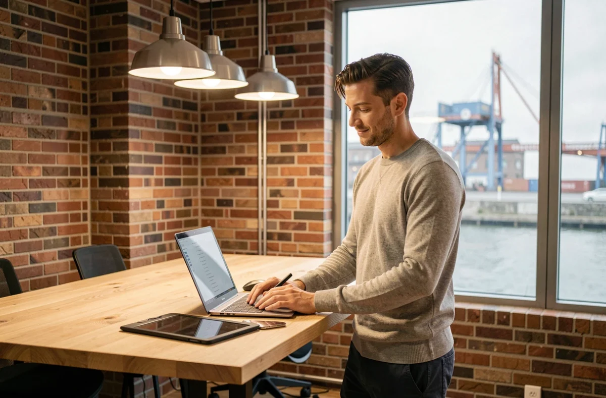 Comptable de Monsieur Compta à Ivry-sur-Seine travaillant en mode moderne sur tablette et ordinateur portable