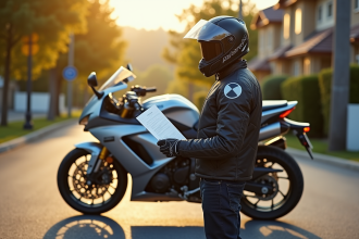 Motard confiant avec équipement complet et moto sur rue