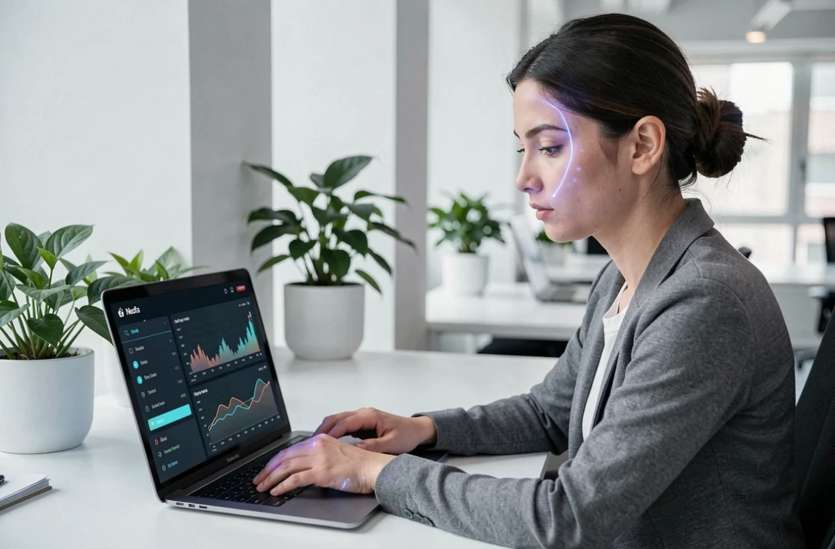 Conseillère utilisant la plateforme digitale Neofa pour la gestion de patrimoine en ligne dans un espace de travail moderne