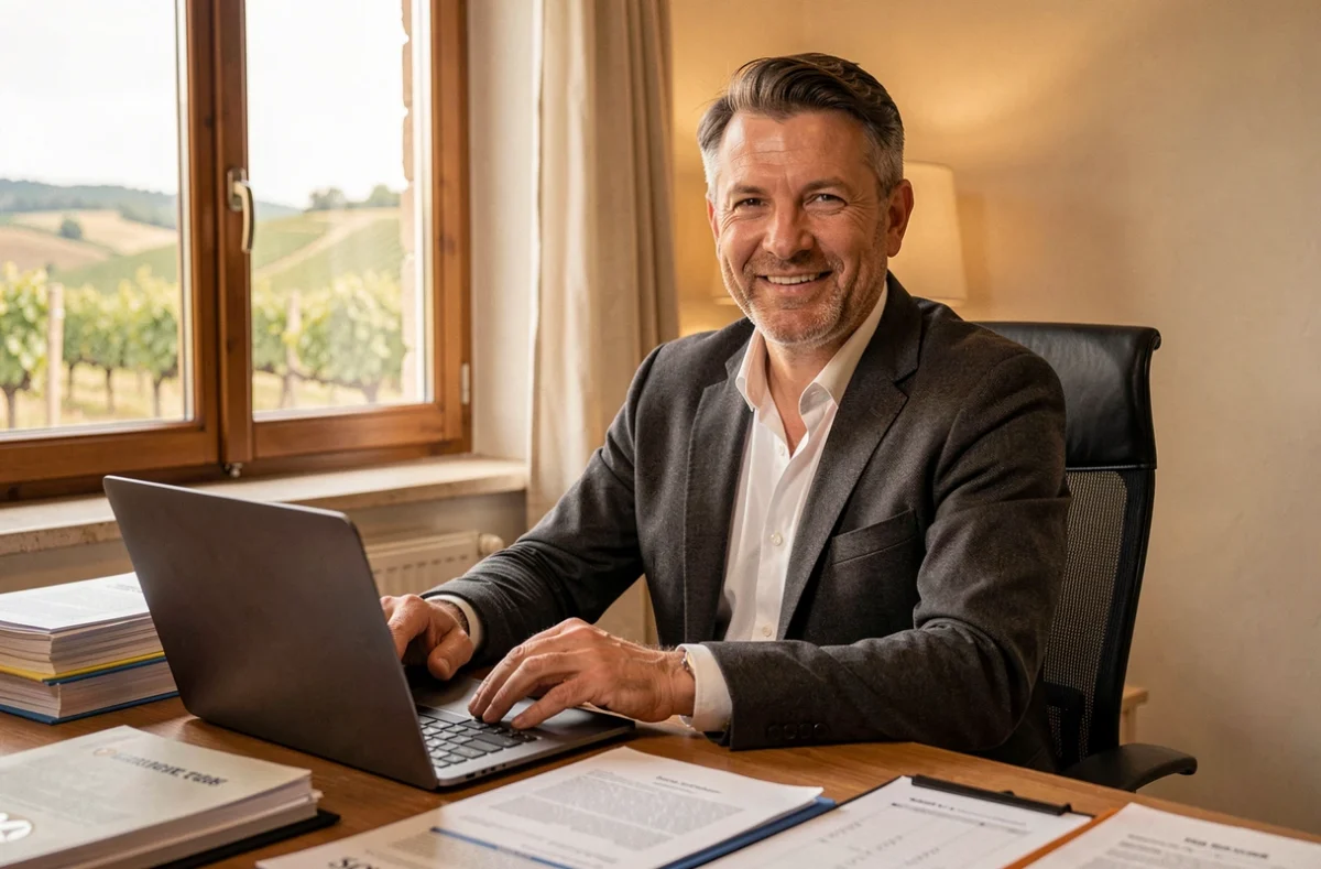 Olivier Gullino, courtier indépendant dans la Drôme, dans son bureau avec vue sur le paysage drômois