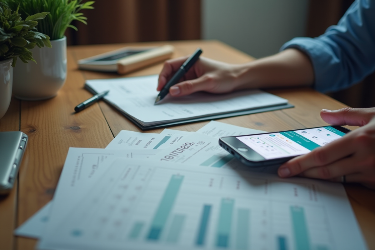 Mains organisant documents financiers sur bureau en bois