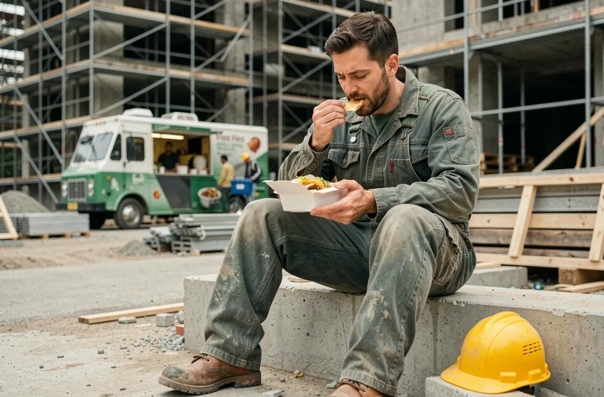 Ouvrier sur chantier mangeant son repas du midi à l'extérieur, illustrant la déduction des frais de repas en frais réels pour les travailleurs sur les impôts