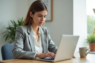 Femme effectuant un paiement en ligne sécurisé via PayPal sur un ordinateur portable dans un bureau à domicile
