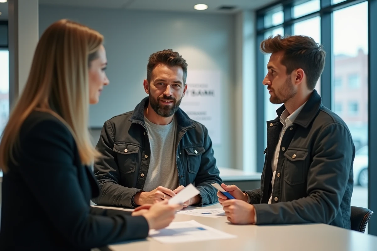 Père et fils discutant avec une conseillère bancaire au guichet