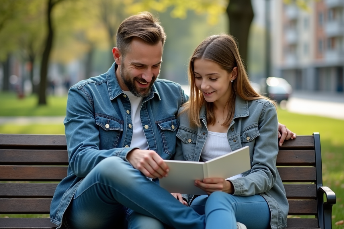 Père et fille discutant sur un banc dans un parc urbain