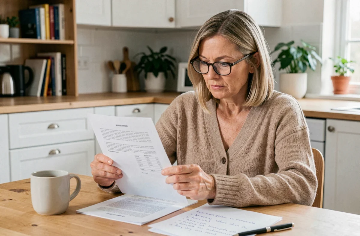 Une femme étudie attentivement les conditions fiscales d'un contrat d'assurance vie incluant des parts de SCPI à son domicile