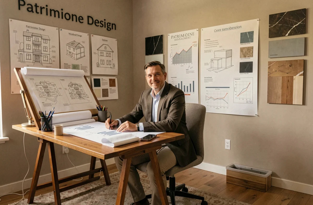 Conseiller de Patrimoine Design combinant approche créative et planification financière dans un bureau design