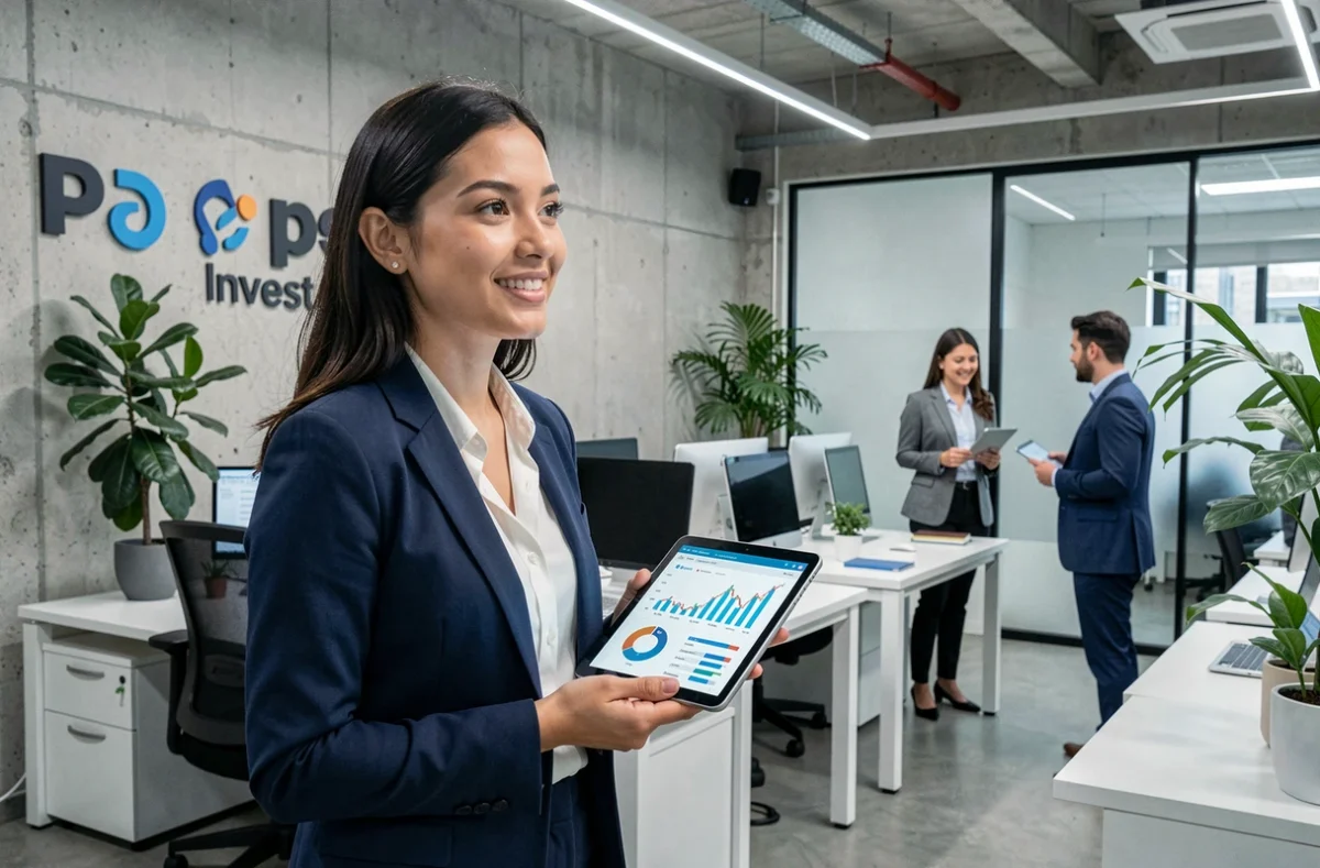 Conseillère de Peps Invest présentant des graphiques d'investissement dans un bureau moderne et collaboratif