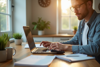 Personne travaillant à une table de cuisine lumineuse avec ordinateur et calculatrice
