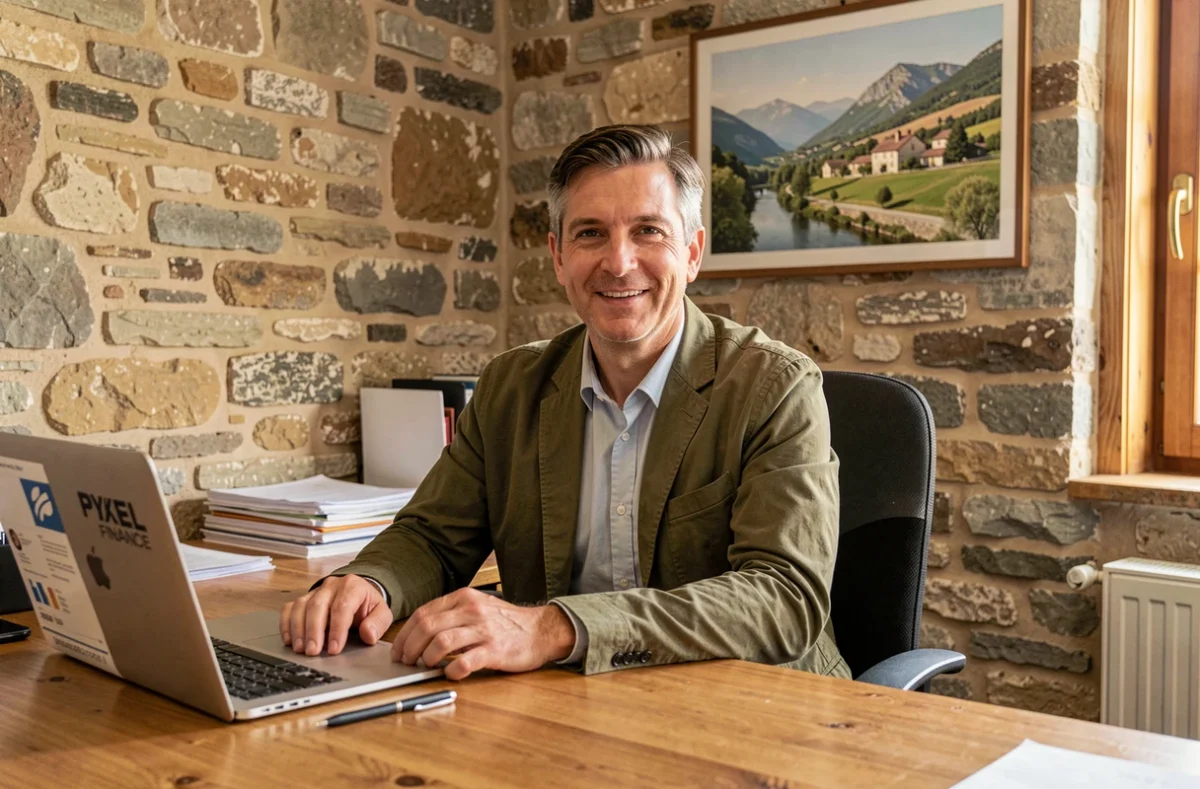 Courtier Pixel Finance à Chabeuil dans son bureau chaleureux aux murs en pierre apparente