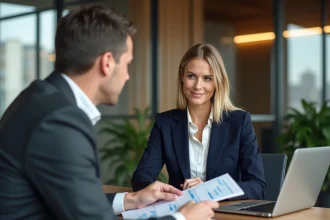 Dirigeante de PME et conseiller bancaire discutant d'un arrangement de credit monitoring autour d'une table de réunion professionnelle