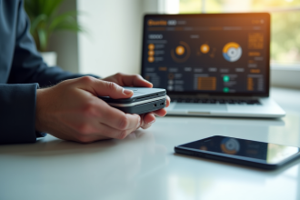 Main tenant un portefeuille crypto moderne avec laptop et smartphone