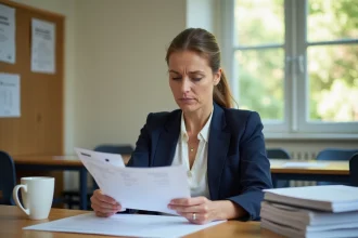 Professeure qui examine sa fiche de paie dans la salle des professeurs, entourée de documents administratifs