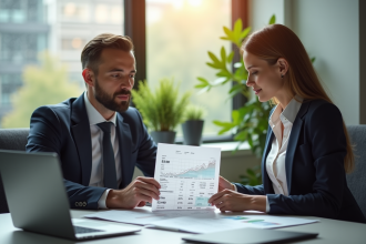 Professionnels examinant un portefeuille financier dans un bureau lumineux