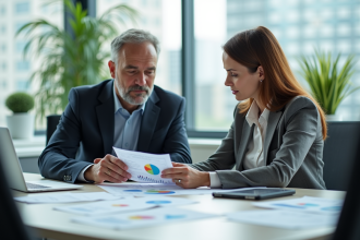 Homme et femme en réunion d'affaires avec documents financiers