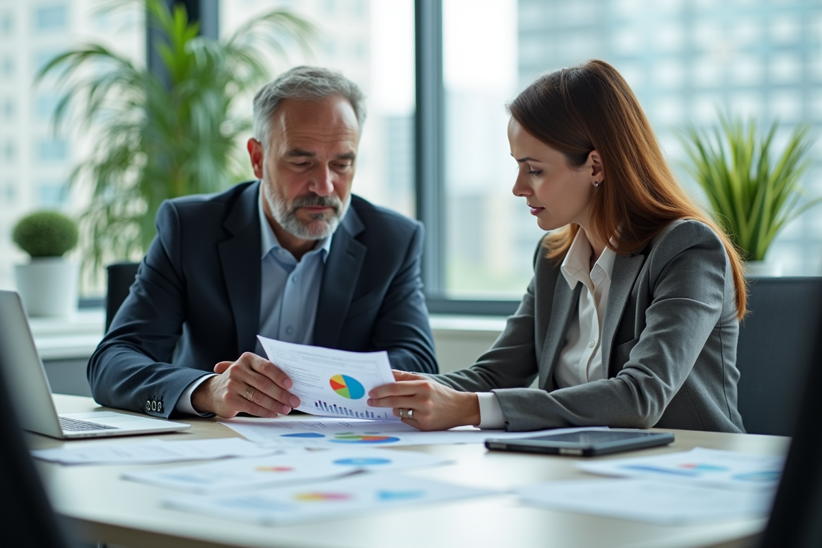 Homme et femme en réunion d'affaires avec documents financiers