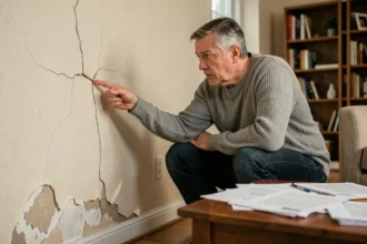 Propriétaire constatant une fissure structurelle dans un mur intérieur pour activer la garantie décennale
