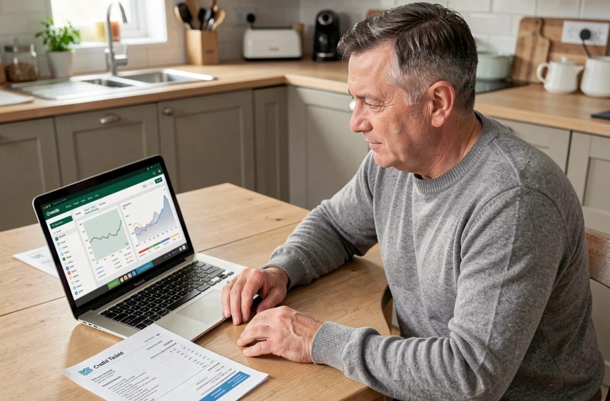 Homme consultant son rapport de crédit en ligne depuis son domicile